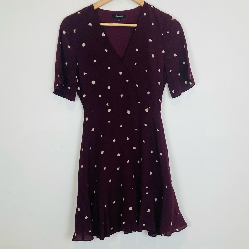 Madewell star print deep burgundy red silk dress with faux wrap neckline.Size 00